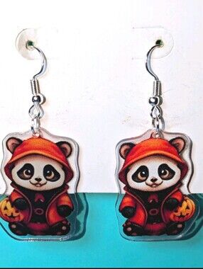 Hand Crafted Orange Panda Halloween Dangle Earrings